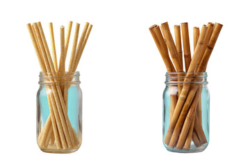 Two glass jars filled with long, light-brown snack sticks