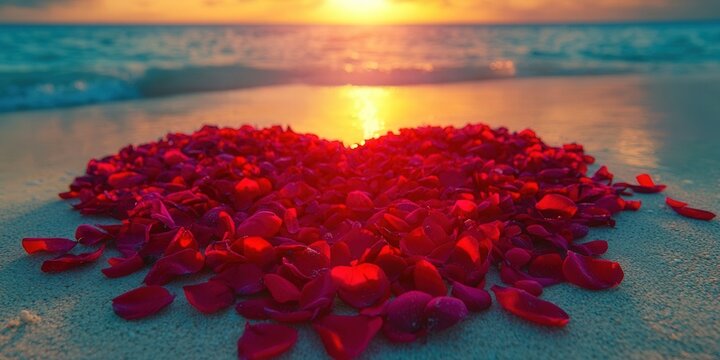 A romantic sunset scene with a heart made of rose petals on the beach.