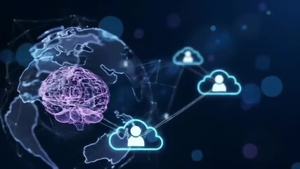 Futuristic AI cloud network with glowing brain globe and dynamic data pulses - Powered by Adobe
