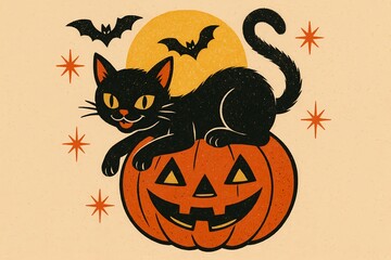 Black cat with bright yellow eyes sits atop a carved pumpkin, surrounded by flying bats and stars, creating a whimsical Halloween illustration with a playful atmosphere