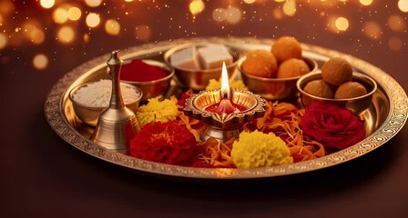 Navratri arti thali with flowers and festive items, Happy Navratri 2025 text