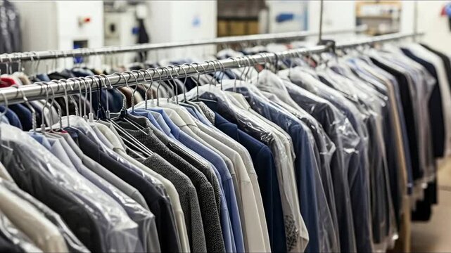 A rack of professionally cleaned and pressed shirts and suits in a dry cleaning establishment.