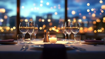 Romantic Restaurant Table Setting Candlelight and City Lights Bokeh image