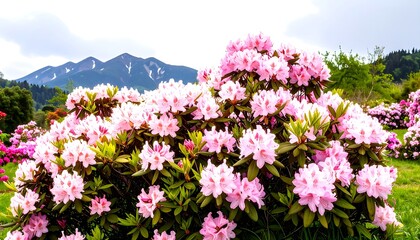Obraz premium Pink rhododendrons bloom in a spring meadow, mountains in the background