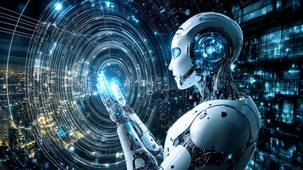 Robot interacting with a futuristic digital interface against a cityscape backdrop