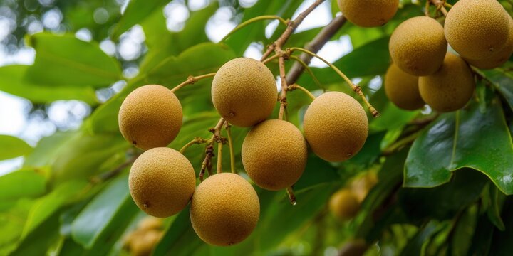 Fresh sapodilla fruit hanging from a tree branch on a sunny day, close-up.