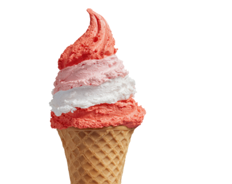 A vibrant ice cream cone displays layers of pink and white gelato
