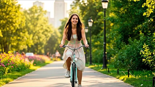 A young woman smiles and rides a bicycle on a paved path in a park, with trees and city buildings in the background on a sunny day.