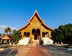 Ornate golden temple with tiered roof, steps, and lush landscaping under a clear blue sky