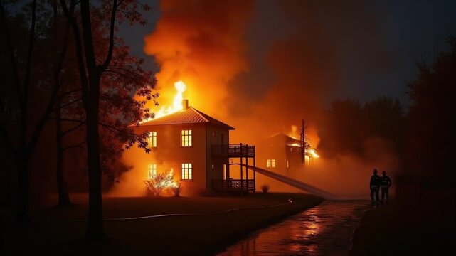 Fire blazing in apartment building. Burning house is engulfed in flames at night. Firefighters extinguish with water