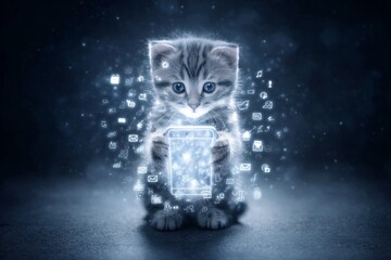 Kitten's enchanted night with a smartphone glow. Kitten discovery. The hidden mental cost of nonstop notifications from chats and emails. Constant notification stress. Messenger fatigue signs.
