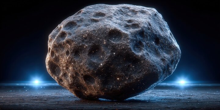 A detailed view of an asteroid, illuminated with a dark background and subtle light.