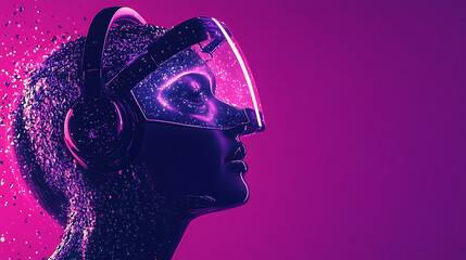 Profile of a person wearing futuristic virtual reality goggles with glowing effects against a vibrant pink background