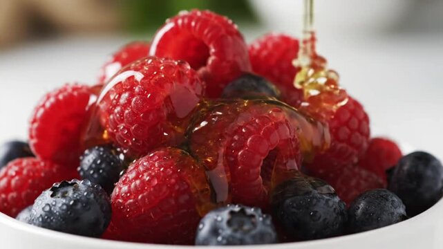  Golden Honey Drizzled Over Fresh Berries (Hyper-Macro, Slow Motion)