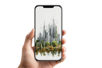 Smartphone displaying a stylized cityscape overlaid with nature