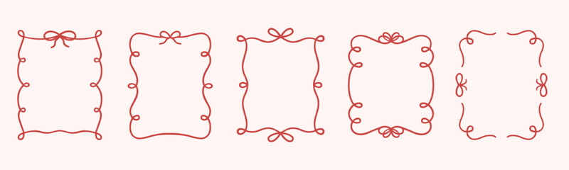 Whimsical wedding frame doodle set. Coquette boarders with bows and ribbons in sketch style. Hand drawn Vintage vector illustration for Valentine’s Day, wedding invitations.