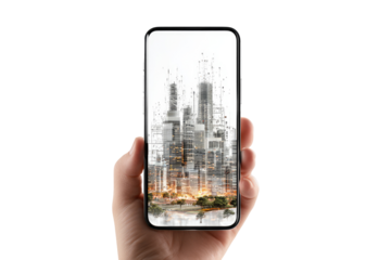 A hand holds a smartphone displaying a digital cityscape.  The urban scene is rendered in a stylized, graphic manner, appearing as a blend of architectural lines and light