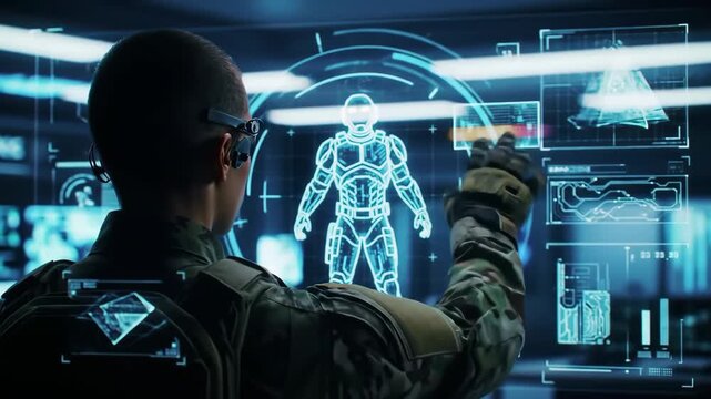 Futuristic military HUD interaction, soldier at digital ops command