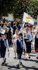 Obraz premium Joyful boys and girls parade in traditional clothes, waving Cypriot country flags as colorful confetti descends during a national celebration event.