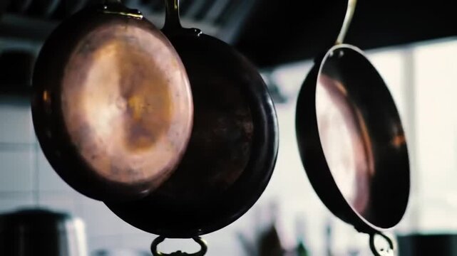 Gleaming Copper Pans: Kitchenware Still Life in Restaurant Kitchen, Culinary Art