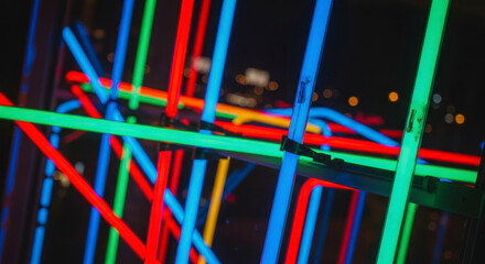 Vibrant Neon Tubes Illuminated in a Complex Network Structure