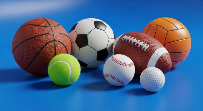 Collection of Various Athletic Balls on a Blue Surface