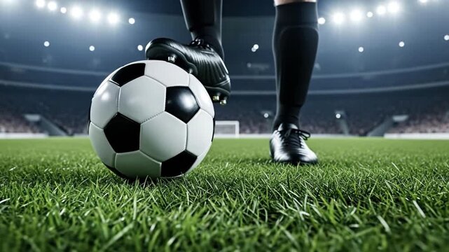 Soccer player with his foot on the ball in the stadium ready for the kickoff on the field