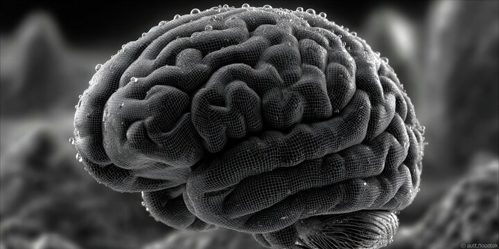 This image showcases a detailed 3d render of the brain, with wireframe and water droplets.