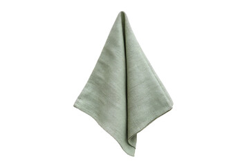 Naklejka premium A sage green linen napkin, folded in a triangular point, hangs suspended against a black background