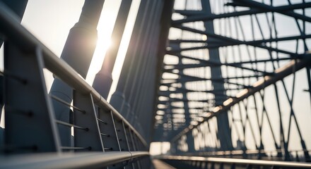 Naklejka premium Modern steel suspension bridge structure against bright sunlight sky detailed view