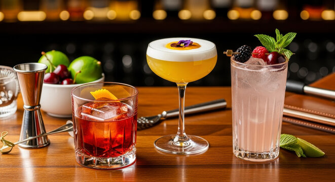 Craft Cocktails on a Wooden Bar with Fresh Fruit and Garnishes