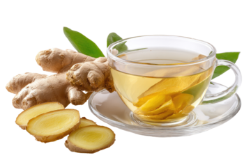 Fresh ginger tea in a clear glass cup, with slices and a root