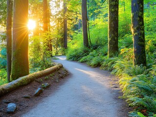 Sunrise Forest Path, Serene Nature Trail Winding Through Lush Greenery