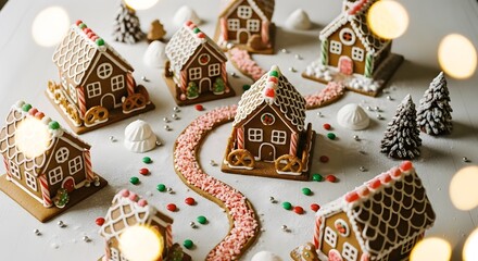 Obraz premium Whimsical Gingerbread Village Christmas Scene Decorated Houses Festive Celebration Winter Holiday