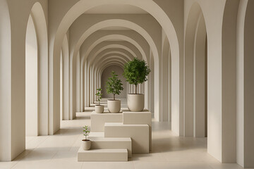 Serene Architectural Corridor with Potted Plants.