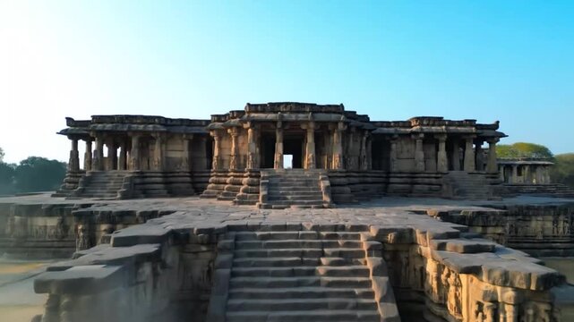 Ancient stone temple shrouded in morning mist under a clear blue sky