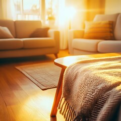 Warm Sunset Glow in Cozy Living Room with Throw Blanket on Wooden Coffee Table