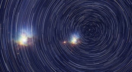 A captivating celestial panorama showcases star trails, creating intricate circular patterns around a vibrant cosmic center.