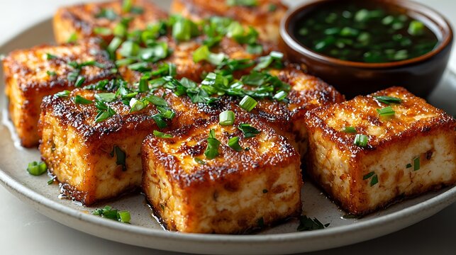 Savory Pan Fried Tofu Cubes Garnished Green Onions and a Side Sauce Keywords: tofu, fried, pan fried, crispy