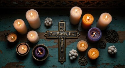 Sacred All Saints Day commemoration with many glowing candles and a golden crucifix on aged rustic wood, solemn spiritual holy remembrance