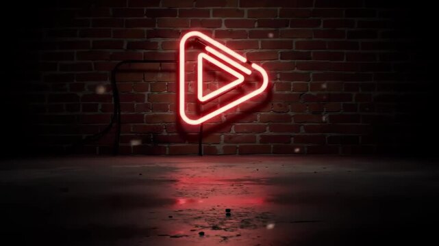 Red neon play button against brick wall with pulsing glow and shifting reflections
