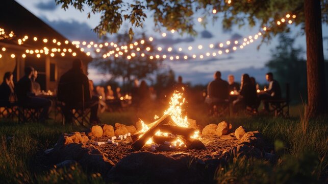 Outdoor gathering around a campfire at dusk.