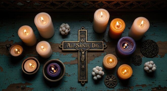 Sacred All Saints Day commemoration with many glowing candles and a golden crucifix on aged rustic wood, solemn spiritual holy remembrance