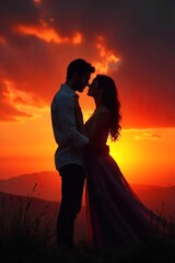 Silhouette of two figures embracing passionately at sunset, fiery sky reflecting their intense connection A powerful image of romantic love and devotion , yellow, shadow