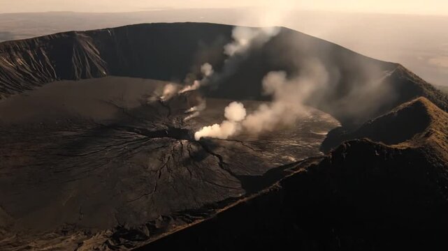 Active volcano crater with steam rising from fumaroles