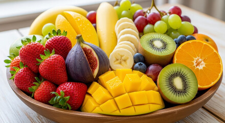 A Colorful Assortment of Fresh Ripe Fruits in a Wooden Bowl Offering a Bounty of Healthy Choices