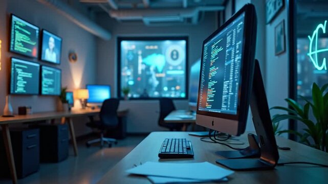 Empty startup office with PC on desk to be used