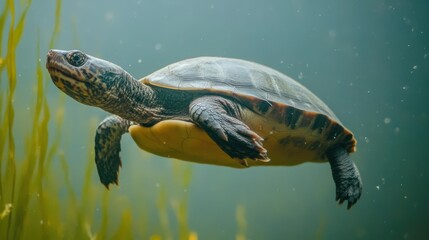 Close-up view of a turtle swimming in water.