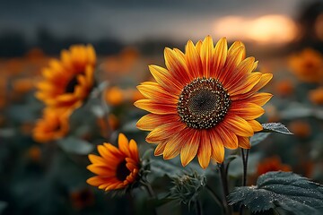 Obraz premium Bright sunflower blooming in summer field high resolution image