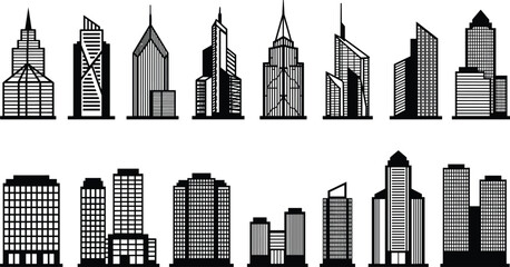 Obraz premium Modern city skyline silhouette of high-rise buildings, skyscrapers, office towers, architecture elements, urban development vector, cityscape design for business, real estate, infrastructure
